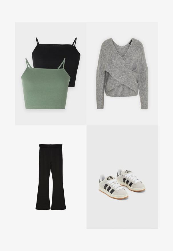 Maglione avvolgente grigio con scollatura a V profonda, maniche lunghe e texture a coste. Realizzato in un morbido materiale in maglia con un design asimmetrico a strati.; Due top in rib con spalline sottili regolabili e silhouette aderente: uno nero e uno verde salvia.; Leggings a zampa nera realizzati in un tessuto elasticizzato. Presentano una vita alta e una superficie liscia, con una silhouette aderente che si ampia all'orlo.; Sneakers in suede grigio con lacci bianchi, strisce nere e suola in gomma bianca. Presentano un logo circolare sulla linguetta e una suola in gomma.