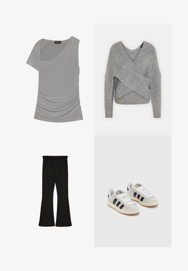 Grijze wikkeltrui met een diepe V-hals, lange mouwen en ribbelstructuur. Gemaakt van een zachte gebreide stof met een gelaagd, asymmetrisch ontwerp.; Grijze top met korte mouwen en een asymmetrisch ontwerp, gerimpelde textuur aan de zijkant en een ronde halslijn. Gemaakt van zacht, rekbaar materiaal.; Zwarte flare leggings gemaakt van rekbaar materiaal. Beschikt over een brede tailleband en een zachte textuur, met een getailleerd silhouet dat uitloopt bij de zoom.; Grijze nubucklederen sneakers met witte veters, zwarte strepen en een witte rubberen zool. Bevat een rond logo op de tong en een gumzool.