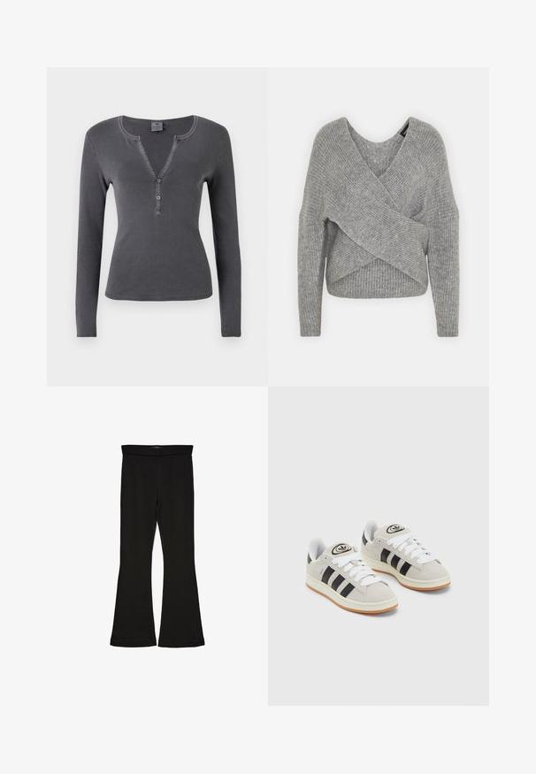 Pelēka apvalka džemperis ar dziļu V veida kakla izgriezumu, garām piedurknēm un ribu tekstūru. Izgatavots no mīksta adījuma materiāla ar slāņotu, asimetrisku dizainu.; Tumšs pelēks garām piedurknēm ribots krekls ar V veida izgriezumu, trīs pogām un pieguļošu piegriezumu. Maiga, gluda tekstūra ar minimālu šuvju skaitu.; Melnas flared leggings, kas izgatavotas no stiepjama auduma. Iezīmējas ar platu jostasvietu un gludu tekstūru, ar pieguļošu siluetu, kas paplašinās pie apakšmalas.; Pelēkas zamšādas kedas ar baltām saites, melnām svītrām un baltu gumijas zoli. Raksturīga apļa logo uz mēles un gumijas zole.