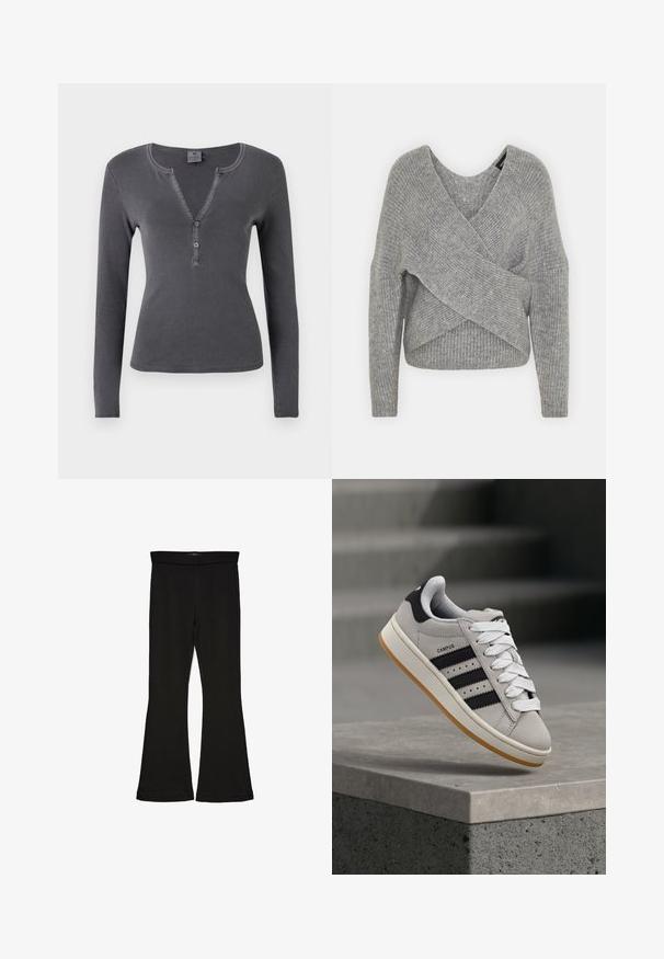 Siva omotana vestica s dubokim V-izrezom, dugim rukavima i rebrastom teksturom. Izrađena od mekog pletenog materijala s slojevitim, asimetričnim dizajnom.; Tamnosiva rebrasta majica dugih rukava s V-izrezom, plaketom s tri gumba i prilagođenim krojem. Mekana, glatka tekstura s minimalnim šavovima.; Crne hlače na tregere od rastezljivog materijala. Imaju širok pojas i glatku teksturu, s uskim krojem koji se širi na rubu.; Siva Adidas Campus tenisica s crnim prugama i bijelim vezicama lebdi iznad betonskog ruba s ljestvama u pozadini.