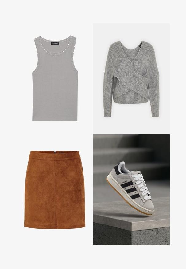 Siva ovitek pulover z globokim V-izrezom, dolgimi rokavi in ribasto teksturo. Narejen iz mehke pletene tkanine z plastnim, asimetričnim dizajnom.; Siva brezrokavnik iz rebraste tkanine, ki ima okroglo ovratnico z belimi pikčastimi poudarki ob robovih. Čista obroba.; Rjava zamak mini krila z gladko teksturo, ravnim krojem in diskretnim zadrgo na hrbtu. Ima šivne detajle za strukturo.; Siv Adidas Campus športni copat s črnimi črtami in belimi vezalkami, ki lebdi nad betonskim robom s stopnicami v ozadju.