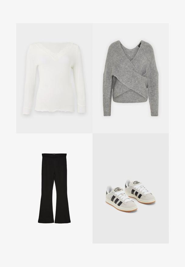 Grijze wikkeltrui met een diepe V-hals, lange mouwen en ribbelstructuur. Gemaakt van een zachte gebreide stof met een gelaagd, asymmetrisch ontwerp.; Witte blouse met lange mouwen en kanten rand bij de V-hals en manchetten, met een zachte, aansluitende snit en een gegolfde zoom.; Zwarte flare leggings gemaakt van rekbaar materiaal. Beschikt over een brede tailleband en een zachte textuur, met een getailleerd silhouet dat uitloopt bij de zoom.; Grijze nubucklederen sneakers met witte veters, zwarte strepen en een witte rubberen zool. Bevat een rond logo op de tong en een gumzool.