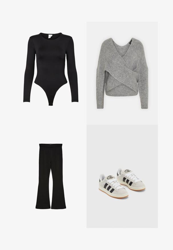 Pilkas aptraukiamas megztinis su giliu V formos iškirpimu, ilgomis rankovėmis ir riešutiniu tekstūru. Pagamintas iš minkštos megztos medžiagos su sluoksniuota, asimetrine konstrukcija.; Juodas ilgomis rankovėmis bodis, pagamintas iš elastingos medžiagos. Pasižymi apvaliu kaklu ir thong tipo apačia su besiūlėmis briaunomis, užtikrinančiomis komfortą.; Juodos flared tipo legginsai, pagaminti iš tamprios medžiagos. Yra platus juosmuo ir lygus paviršius, su prie kūno priglundančiu siluetu, kuris pločiasi ties apatine dalimi.; Grynos zomšos sneakeriai su baltais raišteliais, juodomis juostelėmis ir balta gumine sole. Turintys apskritą logotipą ant liežuvėlio ir guminę sole.