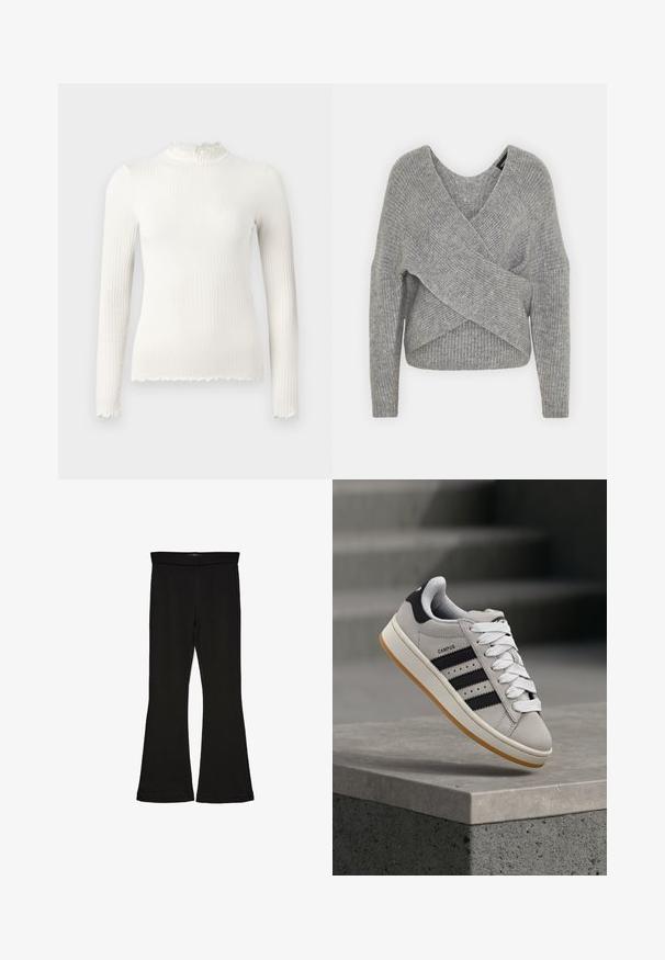 Pullover griș cu un decolteu adânc în V, mâneci lungi și textură cu ochiuri. Fabricat dintr-un material tricotat moale, cu un design stratificat și asimetric.; Bluză cu mânecă lungă, albă, cu guler înalt, din material cu dungi, având detalii cu volănașe la guler și tiv rupt. Textură netedă, design ajustat.; Leggings negre cu tiv evazat, realizate dintr-un material elastic. Au o talie largă și o textură fină, cu o siluetă ajustată care se lărgește la tiv.; Pantof sport gri Adidas Campus cu dungi negre și șireturi albe, plutind deasupra unei margini de beton, cu scări în fundal.