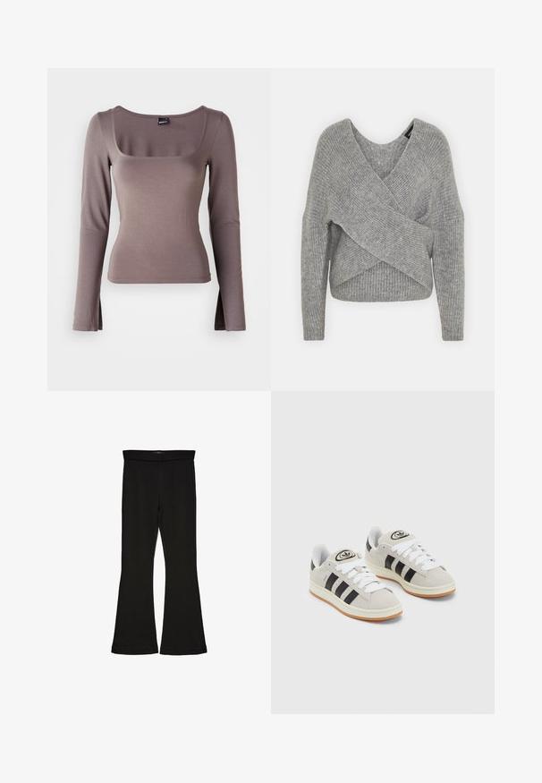 Siva omotana vestica s dubokim V-izrezom, dugim rukavima i rebrastom teksturom. Izrađena od mekog pletenog materijala s slojevitim, asimetričnim dizajnom.; Dugi rukav u mekoj smeškoj tkanini. Ima kvadratni dekolte i bočne proreze na rubu. Glatka tekstura s uskim krojem.; Crne hlače na tregere od rastezljivog materijala. Imaju širok pojas i glatku teksturu, s uskim krojem koji se širi na rubu.; Sive suede tenisice s bijelim vezicama, crnim prugama i bijelim gumiranim potplatom. Imaju kružni logo na jeziku i gumeni potplat.