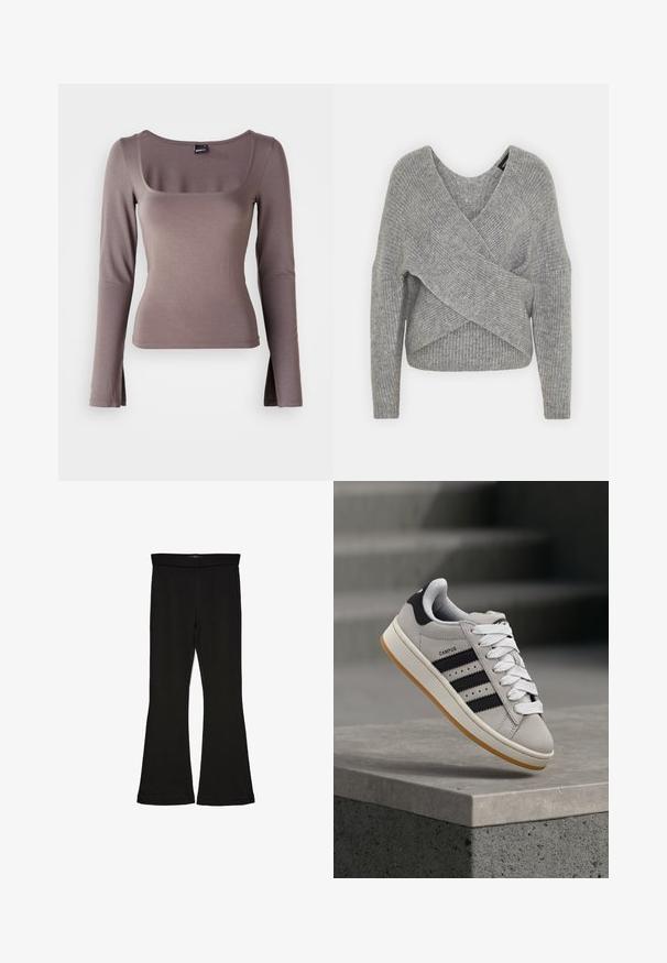 Pelēka apvalka džemperis ar dziļu V veida kakla izgriezumu, garām piedurknēm un ribu tekstūru. Izgatavots no mīksta adījuma materiāla ar slāņotu, asimetrisku dizainu.; Garās piedurknes tops, veidots no mīksta, brūna auduma. Tam ir kvadrātveida dekoltē un sānu spraugas apakšmalā. Gluda tekstūra ar pieguļošu dizainu.; Melnas flared leggings, kas izgatavotas no stiepjama auduma. Iezīmējas ar platu jostasvietu un gludu tekstūru, ar pieguļošu siluetu, kas paplašinās pie apakšmalas.; Pelēks Adidas Campus sporta apavu modelis ar melnām svītrām un baltām šņorēm, kas plivinās virs betona apmales ar kāpnēm fonā.