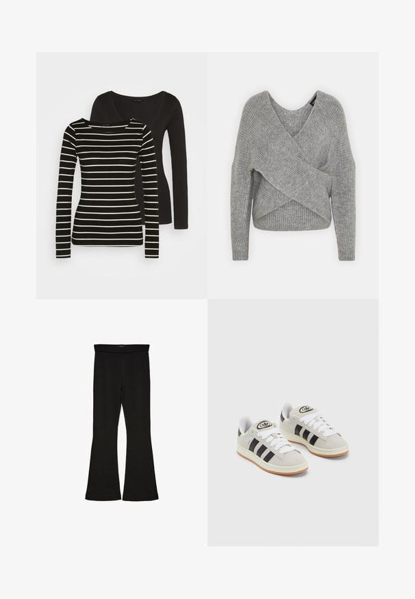 Sivý cardigan s hlbokým V- výstrihom, dlhými rukávmi a rebrovanou textúrou. Vyrobený z mäkkého pleteného materiálu s viacvrstvovým, asymetrickým dizajnom.; Čierny dlhý rukáv na zadnej strane; predná časť má čierno-biele pruhované dlhé rukávy s okrúhlym výstrihom. Jemná textúra látky.; Čierne legíny s flared strihom vyrobené z elastického materiálu. Majú široký pás a hladkú textúru, s priliehavým siluetom, ktorý sa na okraji rozširuje.; Sivé semišové tenisky s bielymi šnúrkami, čiernymi pruhmi a bielou gumovou podrážkou. Obsahujú okrúhly logo na jazyku a gumenú podrážku.