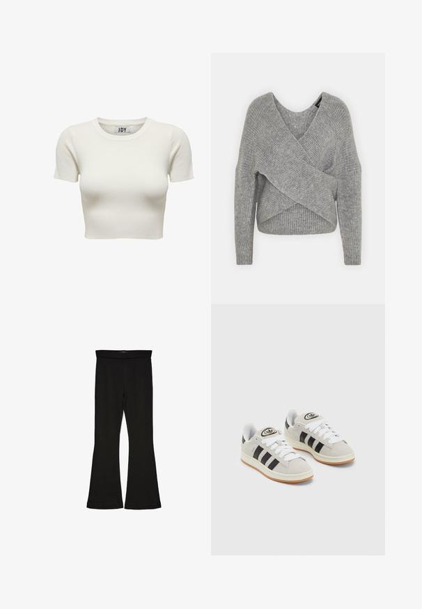 Harmaa neulejakku, jossa on syvä V-kaula-aukko, pitkät hihat ja ribboitu pinta. Valmistettu pehmeästä neuloksesta, jossa on kerroksellinen ja epäsymmetrinen muotoilu.; Valkoinen, ribattu puuvillapaita lyhyillä hihoilla ja pyöreällä kaula-aukolla, jossa on tiukka malli virtaviivaiselle siluetille.; Mustat leveät legginsit, jotka on valmistettu joustavasta kankaasta. Niissä on leveä vyötärö ja sileä pinta, sekä vartalonmyötäinen leikkaus, joka levenee helmassa.; Harmaat mokkasiinikenkä, joissa on valkoiset nauhat, mustat raidat ja valkoinen kumipohja. Kantajassa on pyöreä logo ja vaaleanruskea pohja.