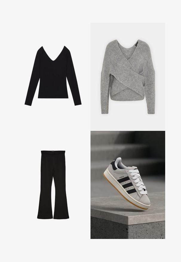 Grau umwickelter Pullover mit tiefem V-Ausschnitt, langen Ärmeln und gerippter Textur. Hergestellt aus einem weichen Strickmaterial mit einem geschichteten, asymmetrischen Design.; Schwarzes Langarmoberteil mit gerippter Textur und tiefem V-Ausschnitt, mit enganliegenden Ärmeln und geradem Saum. Das Material ist dehnbares Gewebe.; Schwarze Schlagleggings aus dehnbarem Stoff. Sie verfügen über einen breiten Bund und eine glatte Textur, mit einer enganliegenden Silhouette, die am Saum ausgestellt ist.; adidas Originals CAMPUS 00S W - Sneaker low - crystal white/core black/off white