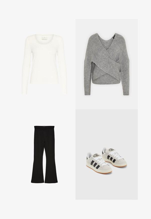 Pilkas aptraukiamas megztinis su giliu V formos iškirpimu, ilgomis rankovėmis ir riešutiniu tekstūru. Pagamintas iš minkštos megztos medžiagos su sluoksniuota, asimetrine konstrukcija.; Ilgais rankovėmis baltas marškinėliai, pagaminti iš banguotos medžiagos, su iškiliais kraštais ir prigludusia forma. Etiketėje nurodyta "KAFFE". Lygus paviršius.; Juodos flared tipo legginsai, pagaminti iš tamprios medžiagos. Yra platus juosmuo ir lygus paviršius, su prie kūno priglundančiu siluetu, kuris pločiasi ties apatine dalimi.; Grynos zomšos sneakeriai su baltais raišteliais, juodomis juostelėmis ir balta gumine sole. Turintys apskritą logotipą ant liežuvėlio ir guminę sole.