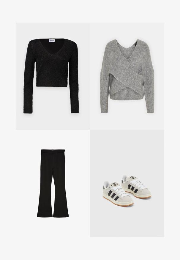 Suéter cinza envolvente com um decote em V profundo, mangas longas e textura canelada. Feito de um material de malha suave com um design assimétrico em camadas.; Top cropped preto de manga longa com decote em V, tecido texturizado com um padrão e design ajustado. Material suave com brilho sutil.; Leggings pretos em flare feitos de um tecido elástico. Apresentam uma cintura larga e uma textura suave, com um silhueta ajustada que se alarga na bainha.; Tênis de camurça cinza com atacadores brancos, riscas pretas e uma sola de borracha branca. Apresenta um logótipo circular na língua e uma sola de borracha.