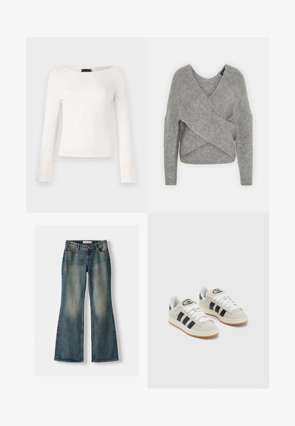 Siva ovitek pulover z globokim V-izrezom, dolgimi rokavi in ribasto teksturo. Narejen iz mehke pletene tkanine z plastnim, asimetričnim dizajnom.; Bela dolga majica z dolgimi rokavi, s cvetličnim teksturiranim vzorcem, okrogdim izrezom in oprijetim krojem. Mehek material z gladko površino.; Modre razširjene kavbojke z zbledelim pranjem, petimi žepi in gumbom za zapiranje. Material ima teksturo džinsa z diskretnimi šivi.; Sive športne čevlje iz semiša z belimi vezalkami, črnimi črtami in belim gumijastim podplatom. Imajo okroglo oznako na ježku in podplat iz gume.
