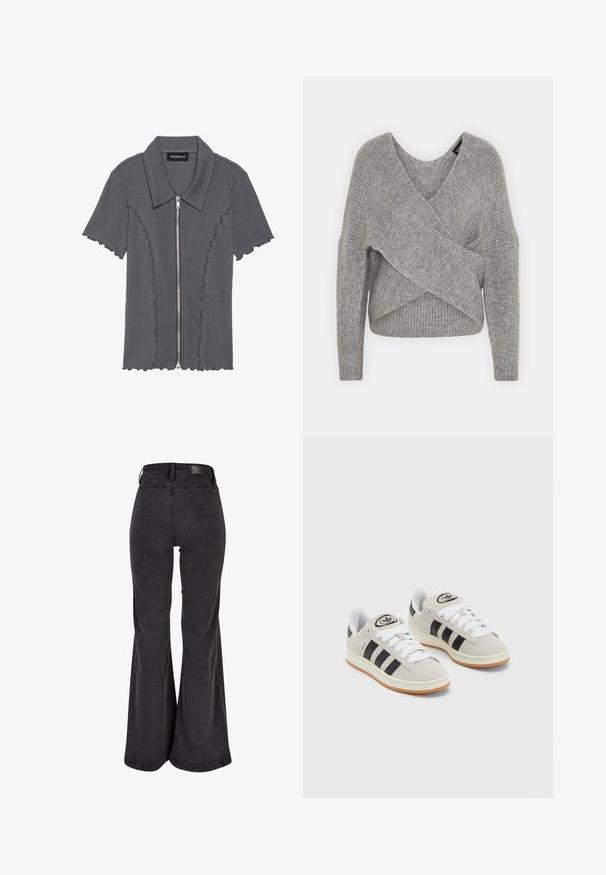 Gray wrap sweater with a deep V-neck, long sleeves, and ribbed texture. Made from a soft knit material with a layered, asymmetrical design.; Gray short-sleeve shirt with a zip closure and scalloped hem. Features ribbed texture and a collar. Brand label: even&odd.; Black flared jeans with a smooth texture, high waist, and a branded patch on the back. Features a wide leg design, reinforced stitching.; Gray suede sneakers with white laces, black stripes, and a white rubber sole. Features a circular logo on the tongue and a gum sole.