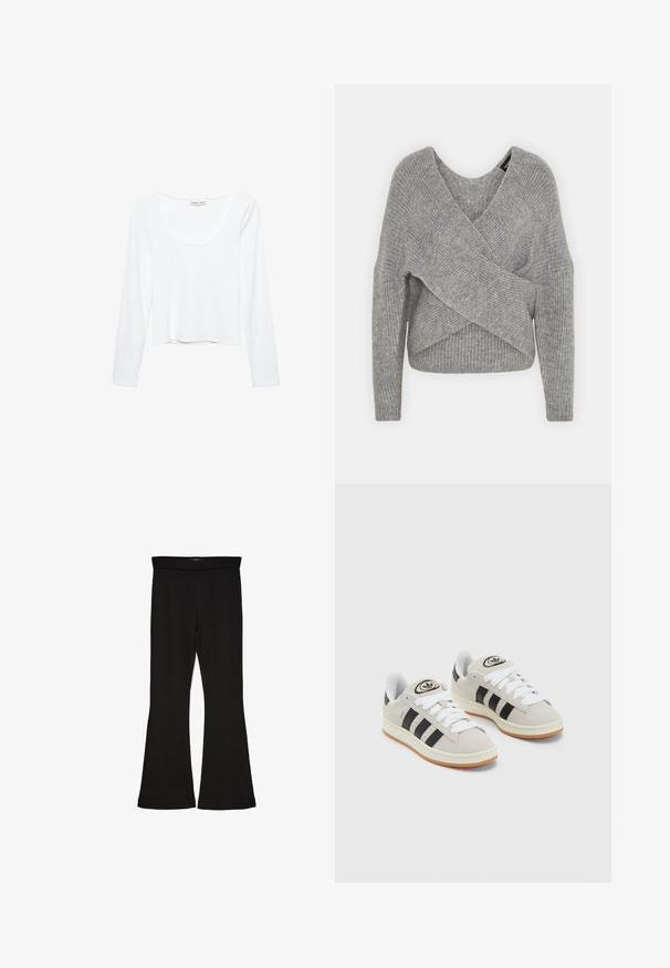 Harmaa neulejakku, jossa on syvä V-kaula-aukko, pitkät hihat ja ribboitu pinta. Valmistettu pehmeästä neuloksesta, jossa on kerroksellinen ja epäsymmetrinen muotoilu.; Valkoinen pitkähihaisella paita, joka on valmistettu pehmeästä kankaasta. Paita on pyöreäkauluksinen ja siinä on lyhennetty malli ilman saumoja.; Mustat leveät legginsit, jotka on valmistettu joustavasta kankaasta. Niissä on leveä vyötärö ja sileä pinta, sekä vartalonmyötäinen leikkaus, joka levenee helmassa.; Harmaat mokkasiinikenkä, joissa on valkoiset nauhat, mustat raidat ja valkoinen kumipohja. Kantajassa on pyöreä logo ja vaaleanruskea pohja.