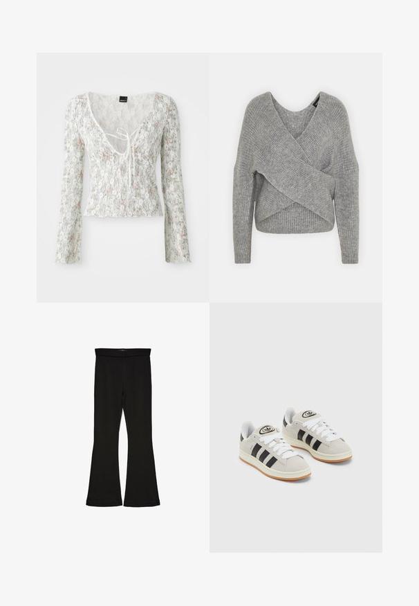 Maglione avvolgente grigio con scollatura a V profonda, maniche lunghe e texture a coste. Realizzato in un morbido materiale in maglia con un design asimmetrico a strati.; Top in pizzo bianco con maniche lunghe, motivo floreale in rosa chiaro e verde, scollatura a V con dettaglio a fiocco, orlo ondulato.; Leggings a zampa nera realizzati in un tessuto elasticizzato. Presentano una vita alta e una superficie liscia, con una silhouette aderente che si ampia all'orlo.; Sneakers in suede grigio con lacci bianchi, strisce nere e suola in gomma bianca. Presentano un logo circolare sulla linguetta e una suola in gomma.