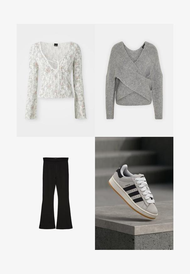 Szürke, mély V kivágású, hosszú ujjú kötött pulóver, bordás textúrával. Puha kötött anyagból készült, réteges, aszimmetrikus dizájnnal.; Fehér csipke felső hosszú ujjakkal, világos rózsaszín és zöld virágmintával, V kivágással, megkötő díszítéssel és fodros aljjal.; Fekete trapéz leggings rugalmas anyagból készült. Széles derékpánttal és sima textúrával rendelkezik, illeszkedő sziluettje van, amely a szegélyen kigyullad.; Szürke Adidas Campus sneaker fekete csíkokkal és fehér fűzőkkel, amely egy beton korlát felett lebeg, háttérben lépcsőkkel.