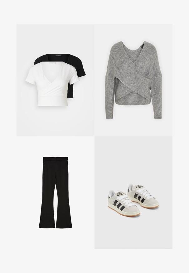 Pelēka apvalka džemperis ar dziļu V veida kakla izgriezumu, garām piedurknēm un ribu tekstūru. Izgatavots no mīksta adījuma materiāla ar slāņotu, asimetrisku dizainu.; Divi īsie topi, viens balts un otrs melns. Abiem ir V veida kakla izgriezums un īsas piedurknes, tie ir izgatavoti no gludas auduma ar smalku spīdumu.; Melnas flared leggings, kas izgatavotas no stiepjama auduma. Iezīmējas ar platu jostasvietu un gludu tekstūru, ar pieguļošu siluetu, kas paplašinās pie apakšmalas.; Pelēkas zamšādas kedas ar baltām saites, melnām svītrām un baltu gumijas zoli. Raksturīga apļa logo uz mēles un gumijas zole.