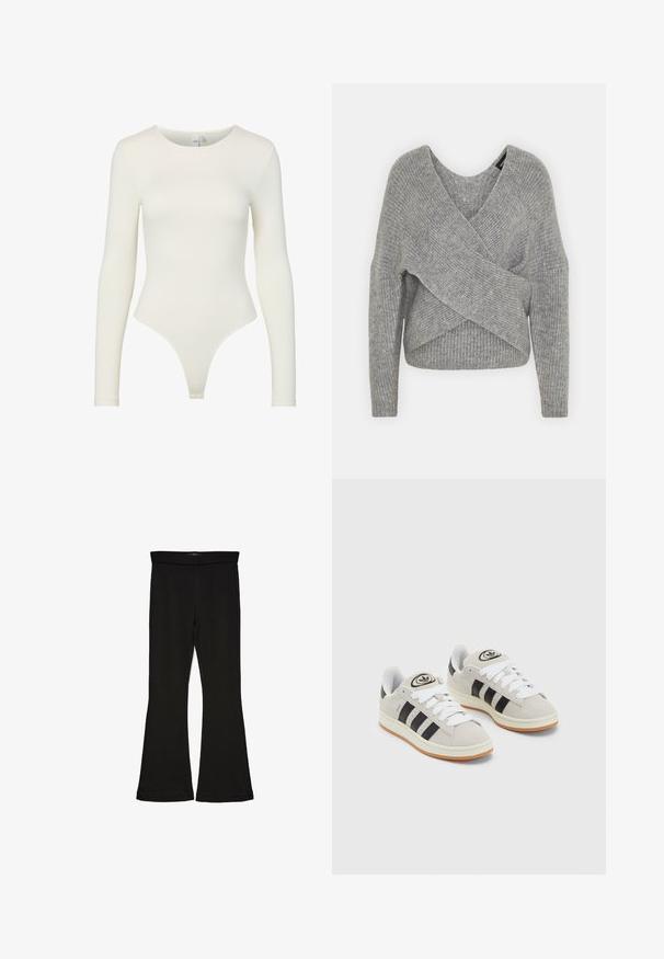 Grijze wikkeltrui met een diepe V-hals, lange mouwen en ribbelstructuur. Gemaakt van een zachte gebreide stof met een gelaagd, asymmetrisch ontwerp.; Langsleeve bodysuit in crème, gemaakt van soepele stof. Heeft een ronde halslijn en een thong onderkant ontwerp met een aansluitende silhouet en zonder sluitingen.; Zwarte flare leggings gemaakt van rekbaar materiaal. Beschikt over een brede tailleband en een zachte textuur, met een getailleerd silhouet dat uitloopt bij de zoom.; Grijze nubucklederen sneakers met witte veters, zwarte strepen en een witte rubberen zool. Bevat een rond logo op de tong en een gumzool.