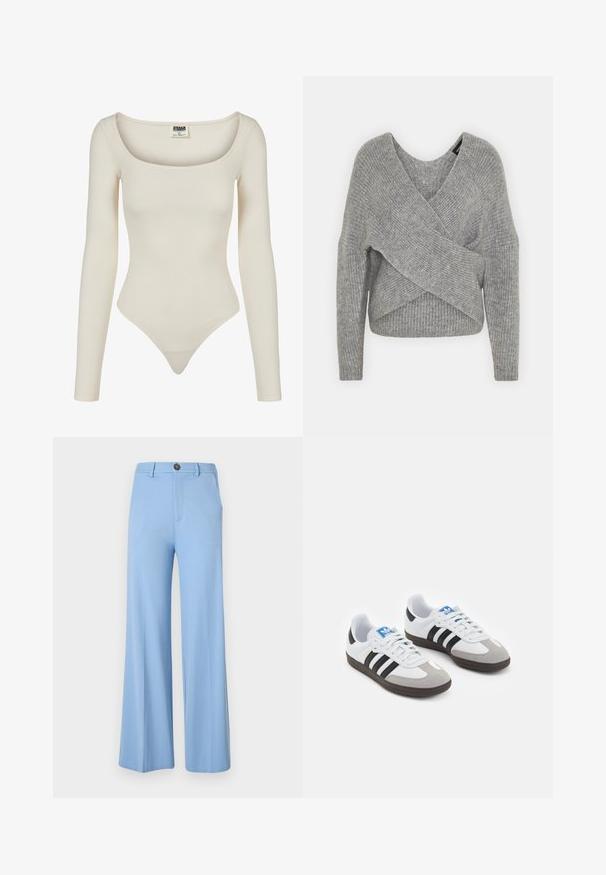Grijze wikkeltrui met een diepe V-hals, lange mouwen en ribbelstructuur. Gemaakt van een zachte gebreide stof met een gelaagd, asymmetrisch ontwerp.; Lange mouw bodysuit in beige, met een ronde halslijn en een fitted design. Gemaakt van soepel, rekbaar materiaal met een pluimonderkant.; Lichtblauwe wijd uitlopende broek gemaakt van een gladde stof, met een knoopsluiting en voorzakken. Schoon, op maat gemaakt ontwerp zonder patronen.; Sportschoenen met een witte leren bovenkant, grijze suède neus en drie zwarte strepen. Bevat een blauw logo op de tong en een gestructureerde rubberen zool.