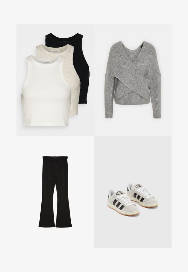 Maglione avvolgente grigio con scollatura a V profonda, maniche lunghe e texture a coste. Realizzato in un morbido materiale in maglia con un design asimmetrico a strati.; Set di tre crop top in bianco, grigio chiaro e nero. Presenta una texture a costine e un collo rotondo. Realizzato in morbido cotone misto.; Leggings a zampa nera realizzati in un tessuto elasticizzato. Presentano una vita alta e una superficie liscia, con una silhouette aderente che si ampia all'orlo.; Sneakers in suede grigio con lacci bianchi, strisce nere e suola in gomma bianca. Presentano un logo circolare sulla linguetta e una suola in gomma.