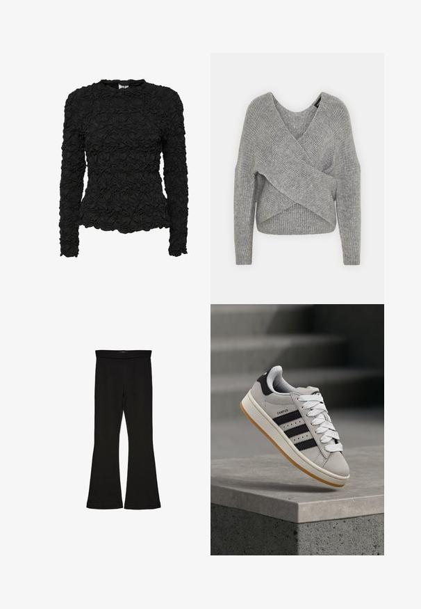 Gray wrap sweater with a deep V-neck, long sleeves, and ribbed texture. Made from a soft knit material with a layered, asymmetrical design.; Black long-sleeve top with a textured, gathered pattern, featuring a round neckline and fitted silhouette. Smooth fabric finish.; Black flare leggings made from stretchy fabric. Features a wide waistband and a smooth texture, with a fitted silhouette that flares at the hem.; Gray Adidas Campus sneaker with black stripes and white laces floating above a concrete ledge with stairs in the background.