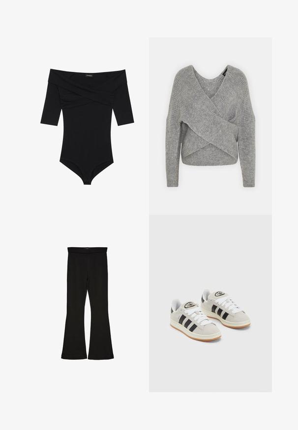 Hallide hallhargus, sügava V-kaelusega, pikkade varrukatega ja ribatrepiga. Valmistatud pehmest kudumismetallist, millel on kihiline, asümmeetriline disain.; Mustvalge bodi, millel on õlgadelt avatud dekoltee, 3/4-sleeve ja vormikujundus. Valmistatud pehmest ja siledast kangast, millel on minimaalsed õmblused.; Mustad mustad sääred, mis on valmistatud venivast kangast. Omab laia vööd ja siledat tekstuuri, sobituv siluett, mis laieneb allservas.; Hallid hallid nahkrennid valgete paeltega, mustade triipudega ja valge kummitaldiga. Omab ümmargust logo keeles ja kummitalda.