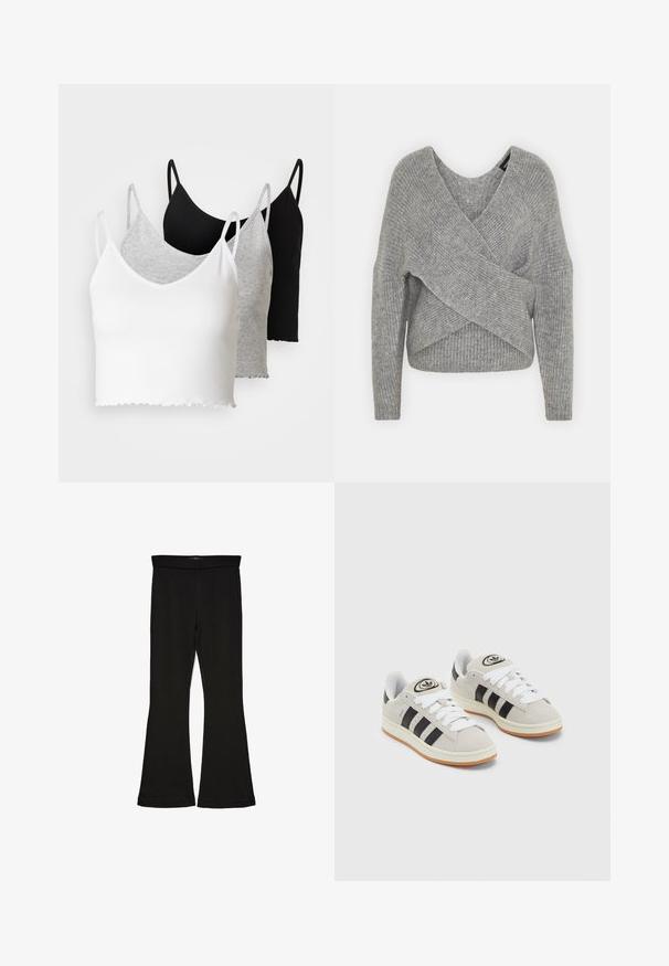 Szürke, mély V kivágású, hosszú ujjú kötött pulóver, bordás textúrával. Puha kötött anyagból készült, réteges, aszimmetrikus dizájnnal.; Even&Odd 3 PACK - Felső - black/white/grey; Fekete trapéz leggings rugalmas anyagból készült. Széles derékpánttal és sima textúrával rendelkezik, illeszkedő sziluettje van, amely a szegélyen kigyullad.; Szürke velúr sportcipők fehér fűzővel, fekete csíkokkal és fehér gumitalppal. A nyelvén kör alakú logó található, illetve a talpa színes gumi.