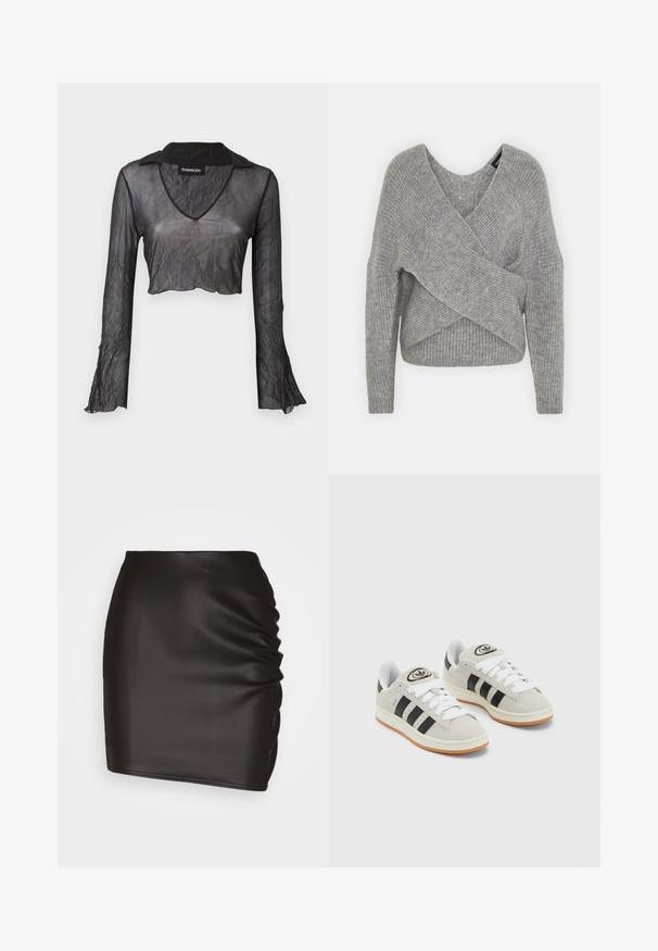 Gray wrap sweater with a deep V-neck, long sleeves, and ribbed texture. Made from a soft knit material with a layered, asymmetrical design.; Black sheer long-sleeve cropped top with a V-neck, featuring a crinkled texture and lace accents on the sleeves.; Black mini skirt made of smooth synthetic material, featuring ruched detailing on one side and a fitted silhouette.; Gray suede sneakers with white laces, black stripes, and a white rubber sole. Features a circular logo on the tongue and a gum sole.