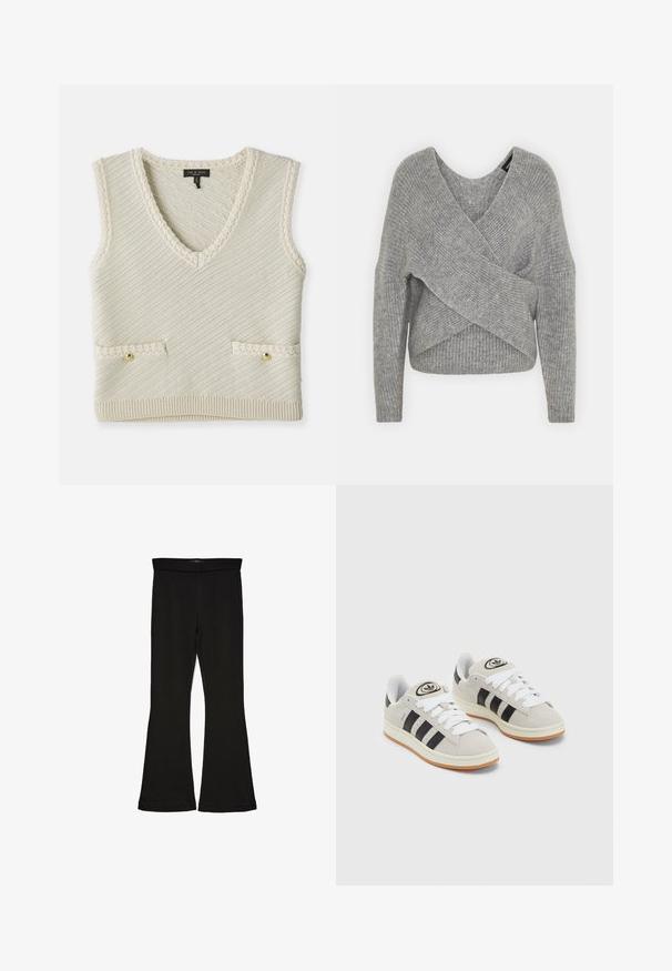Szary sweter o luźnym kroju z głębokim dekoltem w kształcie litery V, długimi rękawami i prążkowaną teksturą. Wykonany z miękkiego materiału dzianinowego z warstwowym, asymetrycznym wzorem.; Włóczkowa bezrękawnik w kolorze kremowym z dekoltem w kształcie litery V, z ukośną fakturą, dwoma przednimi kieszeniami z złotymi guzikami oraz dzianinowymi detalami wykończenia.; Czarne legginsy w stylu dzwonów wykonane z elastycznej tkaniny. Posiadają szeroki pas i gładką teksturę, z dopasowanym krojem, który rozszerza się ku dołowi.; Szare zamszowe trampki z białymi sznurówkami, czarnymi paskami i białą gumową podeszwą. Posiadają okrągłe logo na języku oraz gumową podeszwę.