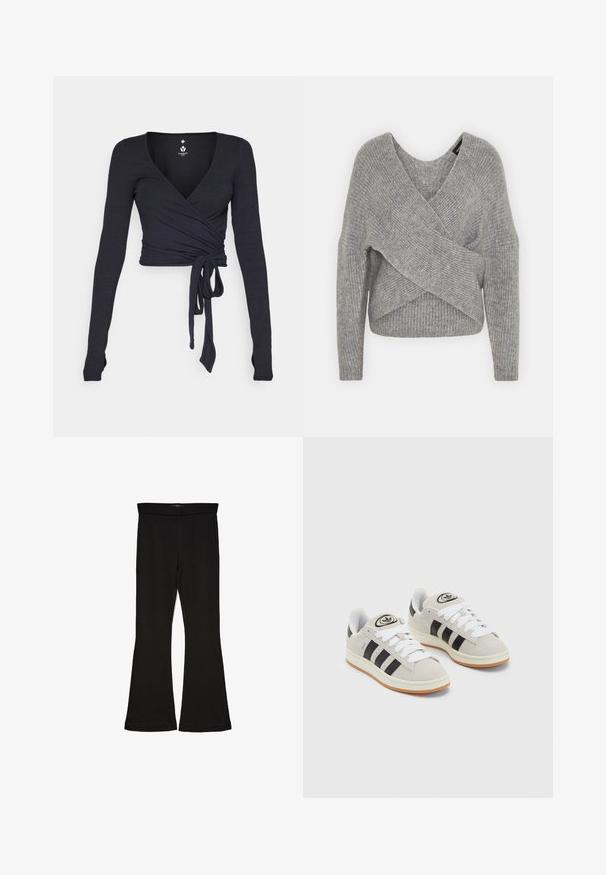 Siva ovitek pulover z globokim V-izrezom, dolgimi rokavi in ribasto teksturo. Narejen iz mehke pletene tkanine z plastnim, asimetričnim dizajnom.; Dolga sleeves zavita majica v temno modrem blagu z V-izrezom, ki ima vezan sprednji detajl in gladko teksturo.; Črne flare leggings iz raztegljive tkanine. Imajo širok pas in gladko teksturo, s prilegajočo silhueto, ki se na robu razširi.; Sive športne čevlje iz semiša z belimi vezalkami, črnimi črtami in belim gumijastim podplatom. Imajo okroglo oznako na ježku in podplat iz gume.