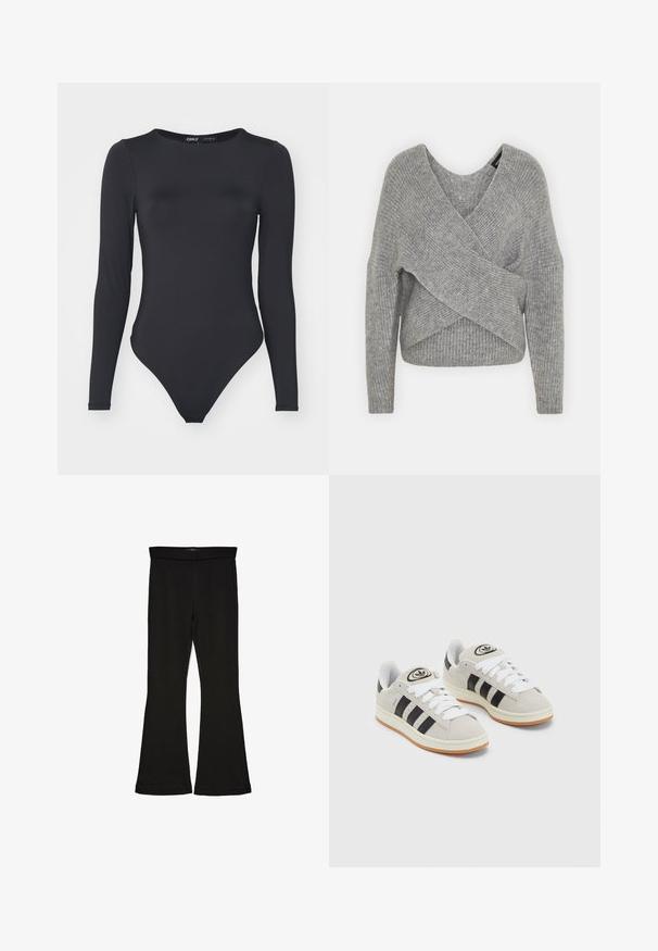 Hallide hallhargus, sügava V-kaelusega, pikkade varrukatega ja ribatrepiga. Valmistatud pehmest kudumismetallist, millel on kihiline, asümmeetriline disain.; Musthave musta pikkade varrukatega bodysuit, mis on valmistatud siledast kangast, ümara kaelusega ja kõrge lõikega jalgadega, millel on minimaalsed õmblused.; Mustad mustad sääred, mis on valmistatud venivast kangast. Omab laia vööd ja siledat tekstuuri, sobituv siluett, mis laieneb allservas.; Hallid hallid nahkrennid valgete paeltega, mustade triipudega ja valge kummitaldiga. Omab ümmargust logo keeles ja kummitalda.