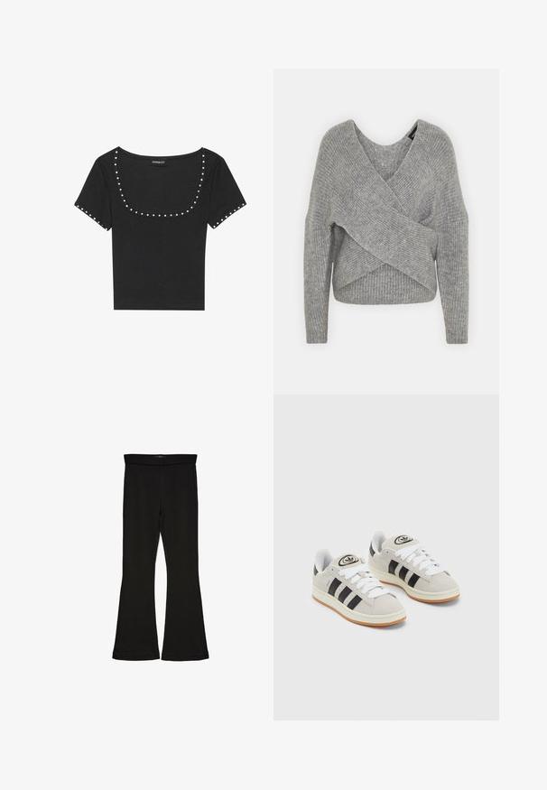 Siva ovitek pulover z globokim V-izrezom, dolgimi rokavi in ribasto teksturo. Narejen iz mehke pletene tkanine z plastnim, asimetričnim dizajnom.; Črn rebrast top s kratkimi rokavi in širokim izrezom, okrašen s srebrnimi kamni vzdolž izreza in rokavov.; Črne flare leggings iz raztegljive tkanine. Imajo širok pas in gladko teksturo, s prilegajočo silhueto, ki se na robu razširi.; Sive športne čevlje iz semiša z belimi vezalkami, črnimi črtami in belim gumijastim podplatom. Imajo okroglo oznako na ježku in podplat iz gume.