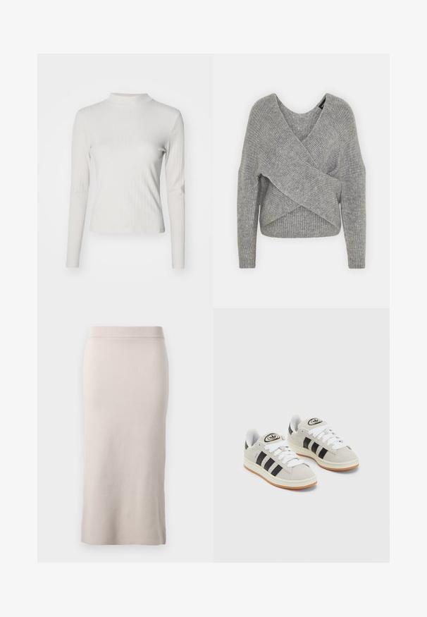 Harmaa neulejakku, jossa on syvä V-kaula-aukko, pitkät hihat ja ribboitu pinta. Valmistettu pehmeästä neuloksesta, jossa on kerroksellinen ja epäsymmetrinen muotoilu.; Pitkähihainen, vaaleanharmaa ribbipaita korkealla kauluksella. Siinä on slim fit -leikkaus ja pehmeä tekstuuri. Ei näkyviä kuvioita tai varusteita.; Neulottu kynähame vaaleanbeige sävyssä, jossa on ribbireunus, slim fit -leikkaus ja sivuavaraus liikkumisen helpottamiseksi. Pehmeä tekstuuri, minimaalinen muotoilu.; Harmaat mokkasiinikenkä, joissa on valkoiset nauhat, mustat raidat ja valkoinen kumipohja. Kantajassa on pyöreä logo ja vaaleanruskea pohja.
