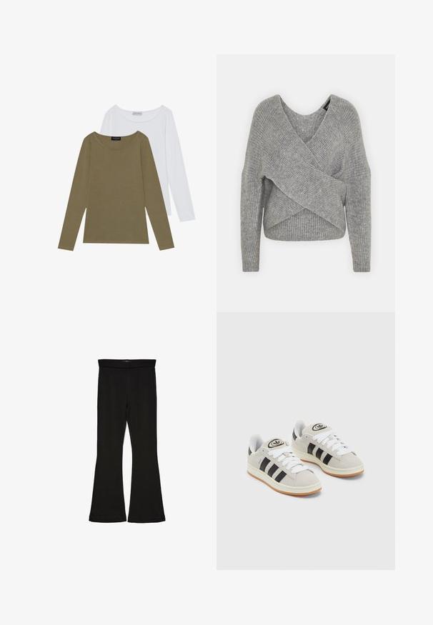 Grau umwickelter Pullover mit tiefem V-Ausschnitt, langen Ärmeln und gerippter Textur. Hergestellt aus einem weichen Strickmaterial mit einem geschichteten, asymmetrischen Design.; Zwei Langarmoberteile: eines in olivgrün und eines in weiß. Beide haben einen runden Halsausschnitt und eine weiche, glatte Textur mit dezenten Nähten.; Schwarze Schlagleggings aus dehnbarem Stoff. Sie verfügen über einen breiten Bund und eine glatte Textur, mit einer enganliegenden Silhouette, die am Saum ausgestellt ist.; Graue Wildledersneaker mit weißen Schnürsenkeln, schwarzen Streifen und einer weißen Gummisohle. Merkmale sind ein kreisförmiges Logo auf der Zunge und eine Gummisohle.