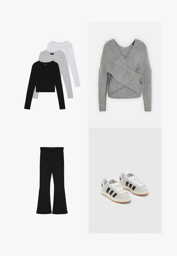 Hallide hallhargus, sügava V-kaelusega, pikkade varrukatega ja ribatrepiga. Valmistatud pehmest kudumismetallist, millel on kihiline, asümmeetriline disain.; Kolm pikkade varrukatega toppi, mis on üksteise peale asetatud: must, hall ja valge. Igal ühel on ümar kaelus ja lühike disain, valmistatud siledast, kergekaalulisest kangast.; Mustad mustad sääred, mis on valmistatud venivast kangast. Omab laia vööd ja siledat tekstuuri, sobituv siluett, mis laieneb allservas.; Hallid hallid nahkrennid valgete paeltega, mustade triipudega ja valge kummitaldiga. Omab ümmargust logo keeles ja kummitalda.