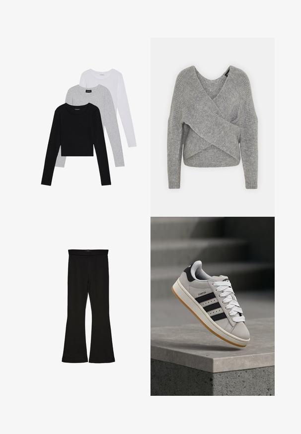 Hallide hallhargus, sügava V-kaelusega, pikkade varrukatega ja ribatrepiga. Valmistatud pehmest kudumismetallist, millel on kihiline, asümmeetriline disain.; Kolm pikkade varrukatega toppi, mis on üksteise peale asetatud: must, hall ja valge. Igal ühel on ümar kaelus ja lühike disain, valmistatud siledast, kergekaalulisest kangast.; Mustad mustad sääred, mis on valmistatud venivast kangast. Omab laia vööd ja siledat tekstuuri, sobituv siluett, mis laieneb allservas.; Hall Adidas Campus spordijalats mustade triipude ja valgete paeltega, mis hõljub betoonist ääre kohal, kus taustal on trepid.