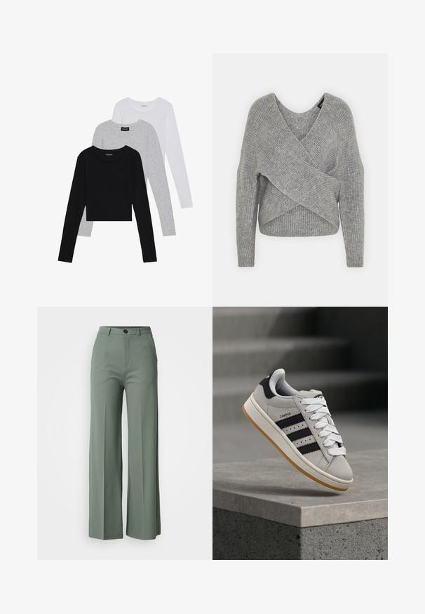 Siva ovitek pulover z globokim V-izrezom, dolgimi rokavi in ribasto teksturo. Narejen iz mehke pletene tkanine z plastnim, asimetričnim dizajnom.; Tri dolga rokava zložena: črna, siva in bela. Vsaka ima okroglo izreznico in skrajšan dizajn z gladkim, lahkotnim materialom.; Široke hlače iz tkanine v umirjeni zeleni barvi, ki imajo sprednje zapiranje na gumb in gladko teksturo. Brez vidnih vzorcev ali poudarkov.; Siv Adidas Campus športni copat s črnimi črtami in belimi vezalkami, ki lebdi nad betonskim robom s stopnicami v ozadju.