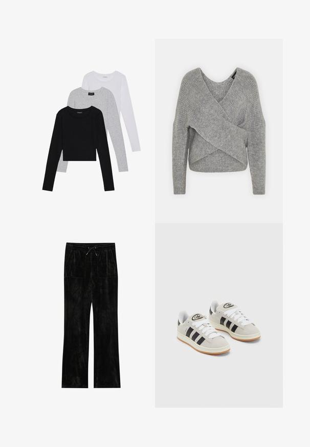 Siva omotana vestica s dubokim V-izrezom, dugim rukavima i rebrastom teksturom. Izrađena od mekog pletenog materijala s slojevitim, asimetričnim dizajnom.; Tri dugih rukava posložena: crna, siva i bijela. Svaka ima okrugli izrez i skrateni kroj s glatkom, laganom tkaninom.; Crne velur hlače s mekanom teksturom, širokim nogavicama, elastičnim pojasom, zatvaranjem s vezicom i dva prednja džepa.; Sive suede tenisice s bijelim vezicama, crnim prugama i bijelim gumiranim potplatom. Imaju kružni logo na jeziku i gumeni potplat.