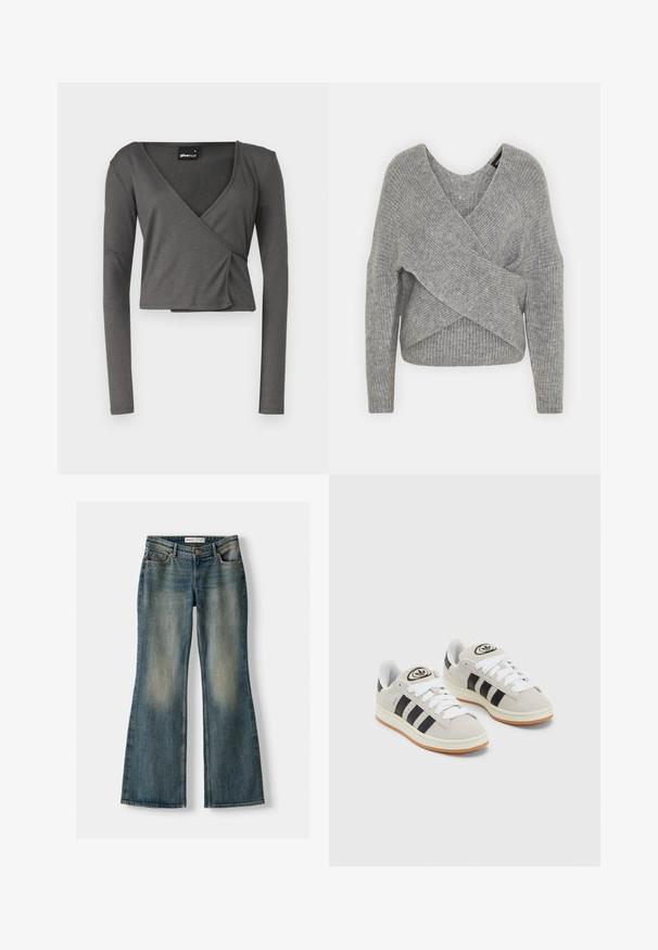 Grau umwickelter Pullover mit tiefem V-Ausschnitt, langen Ärmeln und gerippter Textur. Hergestellt aus einem weichen Strickmaterial mit einem geschichteten, asymmetrischen Design.; Gina Tricot LONG SLEEVE WRAP - Langarmshirt - thunderstorm; Blaue Schlagjeans mit einem ausgewaschenen Look, fünf Taschen und einem Knopfverschluss. Das Material zeigt eine Denim-Textur mit dezenten Stickdetails.; Graue Wildledersneaker mit weißen Schnürsenkeln, schwarzen Streifen und einer weißen Gummisohle. Merkmale sind ein kreisförmiges Logo auf der Zunge und eine Gummisohle.