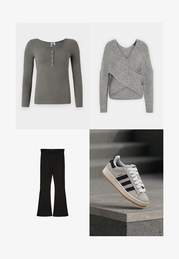 Gray wrap sweater with a deep V-neck, long sleeves, and ribbed texture. Made from a soft knit material with a layered, asymmetrical design.; Long-sleeve ribbed top in a muted green color, featuring a scoop neckline and five metallic snap buttons at the front.; Black flare leggings made from stretchy fabric. Features a wide waistband and a smooth texture, with a fitted silhouette that flares at the hem.; adidas Originals CAMPUS 00S W - Trainers - crystal white/core black/off white