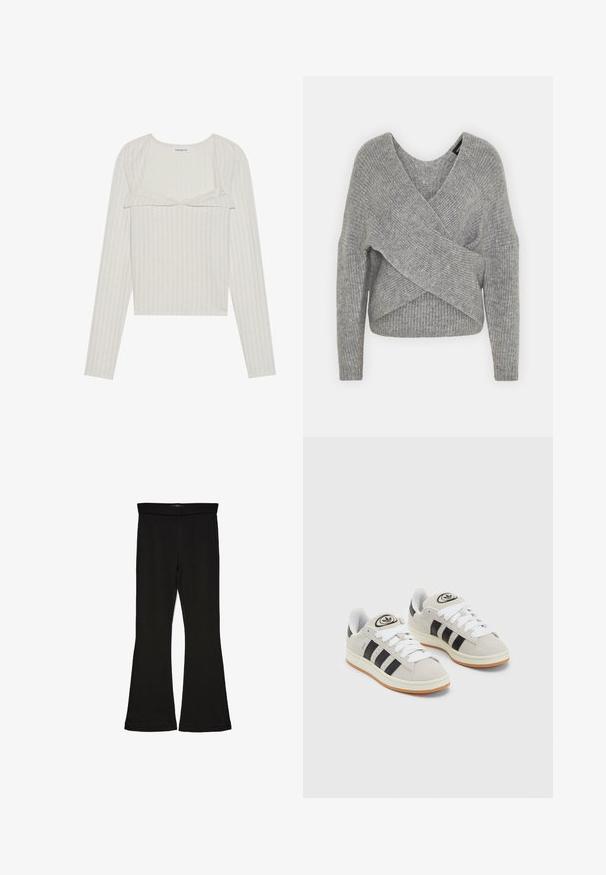 Gray wrap sweater with a deep V-neck, long sleeves, and ribbed texture. Made from a soft knit material with a layered, asymmetrical design.; Light beige long-sleeve top with a ribbed texture. Features a lace trim and cropped design, with a round neckline and fitted sleeves.; Black flare leggings made from stretchy fabric. Features a wide waistband and a smooth texture, with a fitted silhouette that flares at the hem.; Gray suede sneakers with white laces, black stripes, and a white rubber sole. Features a circular logo on the tongue and a gum sole.