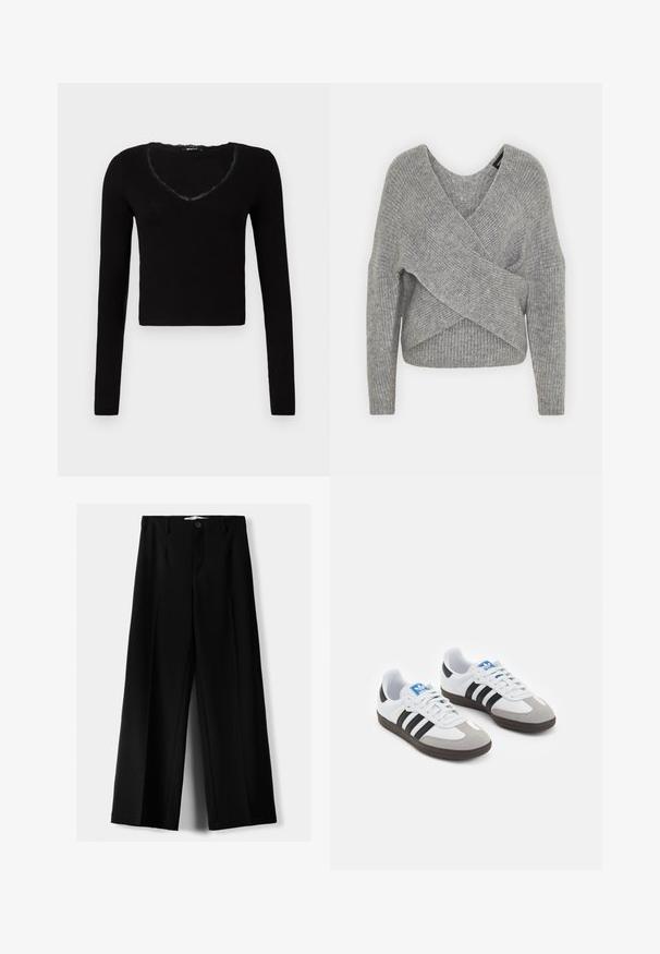 Szürke, mély V kivágású, hosszú ujjú kötött pulóver, bordás textúrával. Puha kötött anyagból készült, réteges, aszimmetrikus dizájnnal.; Fekete, hosszú ujjú felső, rövidített dizájnnal, V-kivágással és csipke díszítéssel, valamint bordázott textúrával. Egyszerű és sokoldalú stílus.; Fekete, bő szárú nadrág, könnyű anyagból, elöl gombos záródással és sima elfröccsenésű fazonnal, szépen varrott szegélyekkel.; Fehér bőr felsőrészes sportcipő, szürke velúrból készült orral és három fekete csíkkal. Jellemzője a kék logó a nyelvén és egy texturált gumitalp.