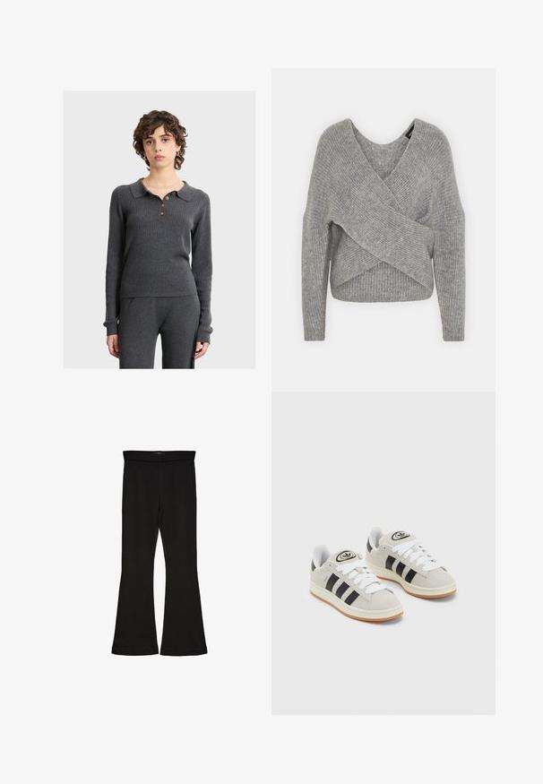 Gray wrap sweater with a deep V-neck, long sleeves, and ribbed texture. Made from a soft knit material with a layered, asymmetrical design.; Gray ribbed sweater with a collared neckline, three brown buttons, and long sleeves, featuring a fitted silhouette and soft texture.; Black flare leggings made from stretchy fabric. Features a wide waistband and a smooth texture, with a fitted silhouette that flares at the hem.; Gray suede sneakers with white laces, black stripes, and a white rubber sole. Features a circular logo on the tongue and a gum sole.