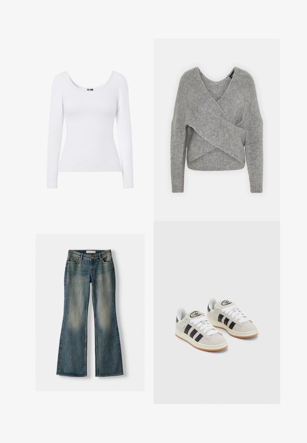 Grau umwickelter Pullover mit tiefem V-Ausschnitt, langen Ärmeln und gerippter Textur. Hergestellt aus einem weichen Strickmaterial mit einem geschichteten, asymmetrischen Design.; Weißes langärmliges Oberteil mit rundem Ausschnitt und geripptem Textur, entworfen für eine figurbetonte Silhouette. Keine Muster oder Akzente.; Blaue Schlagjeans mit einem ausgewaschenen Look, fünf Taschen und einem Knopfverschluss. Das Material zeigt eine Denim-Textur mit dezenten Stickdetails.; Graue Wildledersneaker mit weißen Schnürsenkeln, schwarzen Streifen und einer weißen Gummisohle. Merkmale sind ein kreisförmiges Logo auf der Zunge und eine Gummisohle.