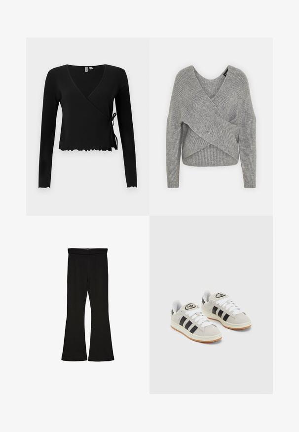 Grau umwickelter Pullover mit tiefem V-Ausschnitt, langen Ärmeln und gerippter Textur. Hergestellt aus einem weichen Strickmaterial mit einem geschichteten, asymmetrischen Design.; Schwarzes, geripptes Langarm-Wickeltop mit V-Ausschnitt und einer geknoteten Schlaufe auf der linken Seite. Hat eine kurze Länge und einen gewellten Saum.; Schwarze Schlagleggings aus dehnbarem Stoff. Sie verfügen über einen breiten Bund und eine glatte Textur, mit einer enganliegenden Silhouette, die am Saum ausgestellt ist.; Graue Wildledersneaker mit weißen Schnürsenkeln, schwarzen Streifen und einer weißen Gummisohle. Merkmale sind ein kreisförmiges Logo auf der Zunge und eine Gummisohle.