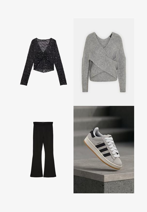 Grau umwickelter Pullover mit tiefem V-Ausschnitt, langen Ärmeln und gerippter Textur. Hergestellt aus einem weichen Strickmaterial mit einem geschichteten, asymmetrischen Design.; Schwarzes Langarmoberteil aus strukturiertem Stoff, mit gerafftem Vorderteil und verstreuten Pailletten für einen Schimmer. Kurzes Design.; Schwarze Schlagleggings aus dehnbarem Stoff. Sie verfügen über einen breiten Bund und eine glatte Textur, mit einer enganliegenden Silhouette, die am Saum ausgestellt ist.; adidas Originals CAMPUS 00S W - Sneaker low - crystal white/core black/off white