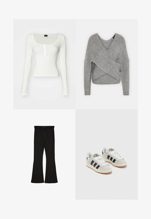 Pullover griș cu un decolteu adânc în V, mâneci lungi și textură cu ochiuri. Fabricat dintr-un material tricotat moale, cu un design stratificat și asimetric.; Bluză albă cu mâneci lungi, decolteu rotund și un singur nasture pe față. Fabricată dintr-un material fin, cu o siluetă ajustată și fără modele vizibile.; Leggings negre cu tiv evazat, realizate dintr-un material elastic. Au o talie largă și o textură fină, cu o siluetă ajustată care se lărgește la tiv.; Adidași din suede gri cu șireți albi, dungi negre și talpă din cauciuc alb. Prezintă un logo circular pe limbă și o talpă din cauciuc.