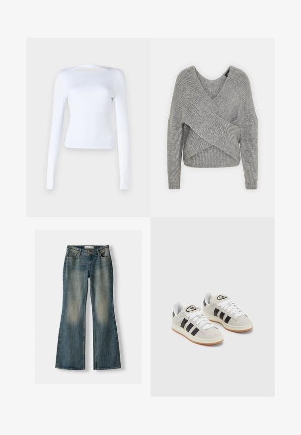 Szürke, mély V kivágású, hosszú ujjú kötött pulóver, bordás textúrával. Puha kötött anyagból készült, réteges, aszimmetrikus dizájnnal.; Fehér, hosszú ujjú felső négyzet alakú nyakkivágással és kivágással a hátsó részen. Simább, rugalmas anyagból készült. Testhezálló fazon.; Kék, bővülő fazonú farmernadrág, elhasználódott mosással, öt zsebbel és gombos záródással. Az anyag denim textúrája finom varrási részletekkel rendelkezik.; Szürke velúr sportcipők fehér fűzővel, fekete csíkokkal és fehér gumitalppal. A nyelvén kör alakú logó található, illetve a talpa színes gumi.