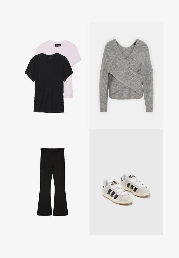 Szürke, mély V kivágású, hosszú ujjú kötött pulóver, bordás textúrával. Puha kötött anyagból készült, réteges, aszimmetrikus dizájnnal.; Két póló: egy fekete és egy világos rózsaszín. Mindkettő kerek nyakkivágással és rövid ujjakkal rendelkezik, puha, könnyű anyagból készült.; Fekete trapéz leggings rugalmas anyagból készült. Széles derékpánttal és sima textúrával rendelkezik, illeszkedő sziluettje van, amely a szegélyen kigyullad.; Szürke velúr sportcipők fehér fűzővel, fekete csíkokkal és fehér gumitalppal. A nyelvén kör alakú logó található, illetve a talpa színes gumi.