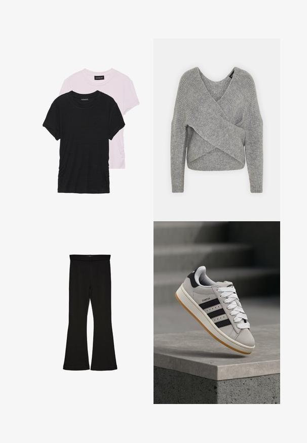 Hallide hallhargus, sügava V-kaelusega, pikkade varrukatega ja ribatrepiga. Valmistatud pehmest kudumismetallist, millel on kihiline, asümmeetriline disain.; Kaks T-särki: üks must ja teine helesinine. Mõlemal on ümar kaelus ja lühikesed varrukad, need on valmistatud pehmest ja kergest kangast.; Mustad mustad sääred, mis on valmistatud venivast kangast. Omab laia vööd ja siledat tekstuuri, sobituv siluett, mis laieneb allservas.; Hall Adidas Campus spordijalats mustade triipude ja valgete paeltega, mis hõljub betoonist ääre kohal, kus taustal on trepid.